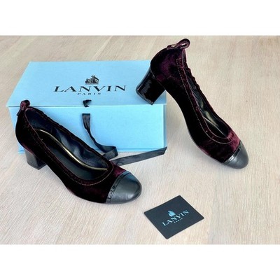 Lanvin Paris Velvet Cap Toe Pumps, Burgundy Black Block Heels, Size 39