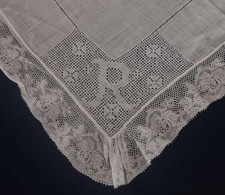 Antique Wedding Hanky Valenciennes Lace Monogram R Drawnwork White Linen