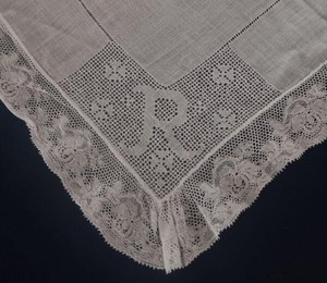 Antique Wedding Hanky Valenciennes Lace Monogram R Drawnwork White Linen