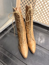 Antique Victorian Tan Leather Lace Up Boots Shoes Wide Heel Original Laces