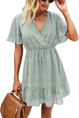 Small Women's Summer Dress Casual Short Sleeve V Neck Ruffle Leopard beach wear
