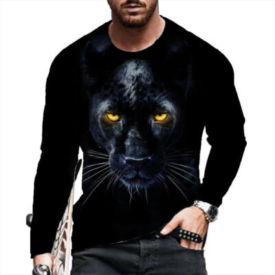 Camiseta Hombre Antiguo Negro Pantera Manga Larga Casual Ropa De Calle Moda Tee