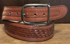 Brown Cowhide Leather Belt Woven Insert Sz 32 1.5”Wide Made in Haiti Read Desc.