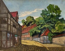 Quadro a Olio Espressionista Strada Con Fachwerkhäusern Anonimo 50,5 X 64,5 CM