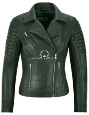 Ladies Green Leather Biker Jacket Fashion Quilted Style 100% REAL NAPA 9334