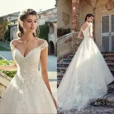 Elegant Off Shoulder Lace Wedding Dresses V Neck Applique Sweep Train BridalGown