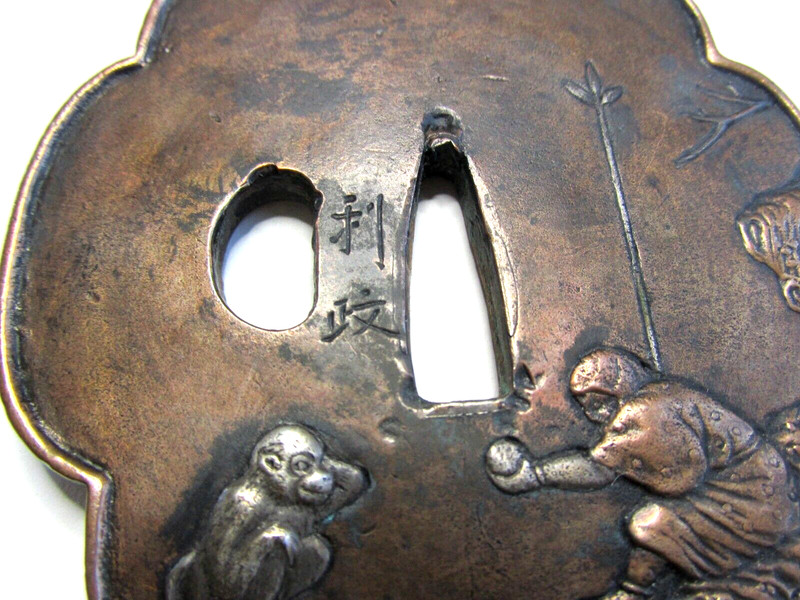 JAPANESE ANTIQUE TSUBA 18TH CENTURY BRONZE SILVER MONKEY SAMURAI ANTIQUE SIGNED