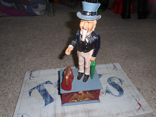 Vintage Cast Iron Uncle Sam Coin Bank Working