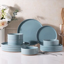Ceramic Dinnerware Set for 4 | Speckled Stoneware Plates and Bowls with Unglazed
