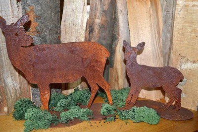 Deko Reh und Kitz auf Platte in Wolkenform Waldtier Rost Edelrost Weihnachten 