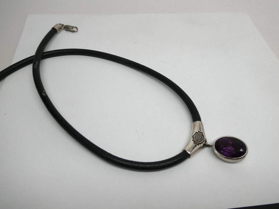 Collar de piedras preciosas amatista 925 con logotipo de motociclista Harley Davidson de 18" Foto 4 de 4
