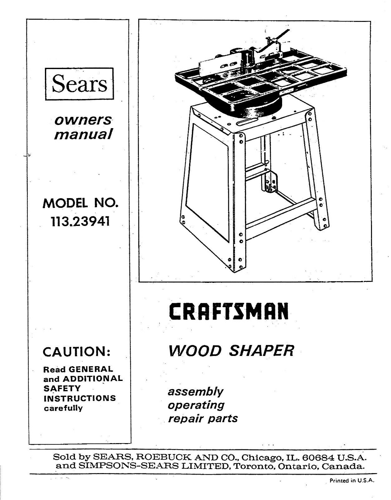 1975 Craftsman 113.23941 Wood Shaper Instruction Manual