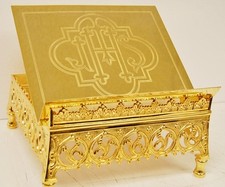LIGERAMENTE USADO 12 1/2" CHAPADO EN ORO IGLESIA MISAL/LIBRO DEL EVANGELIO, SOPORTE DE LA BIBLIA Q#214