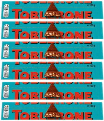 6 TOBLERONE CRUNCHY ALMONDS Swiss Chocolate Bars European Sweets 100g 3.5oz