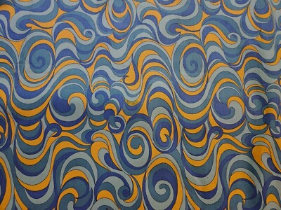 Vintage Flower Power Groovy PSYCHEDLIC Fabric Blue Turquoise Yellow Swirl Print