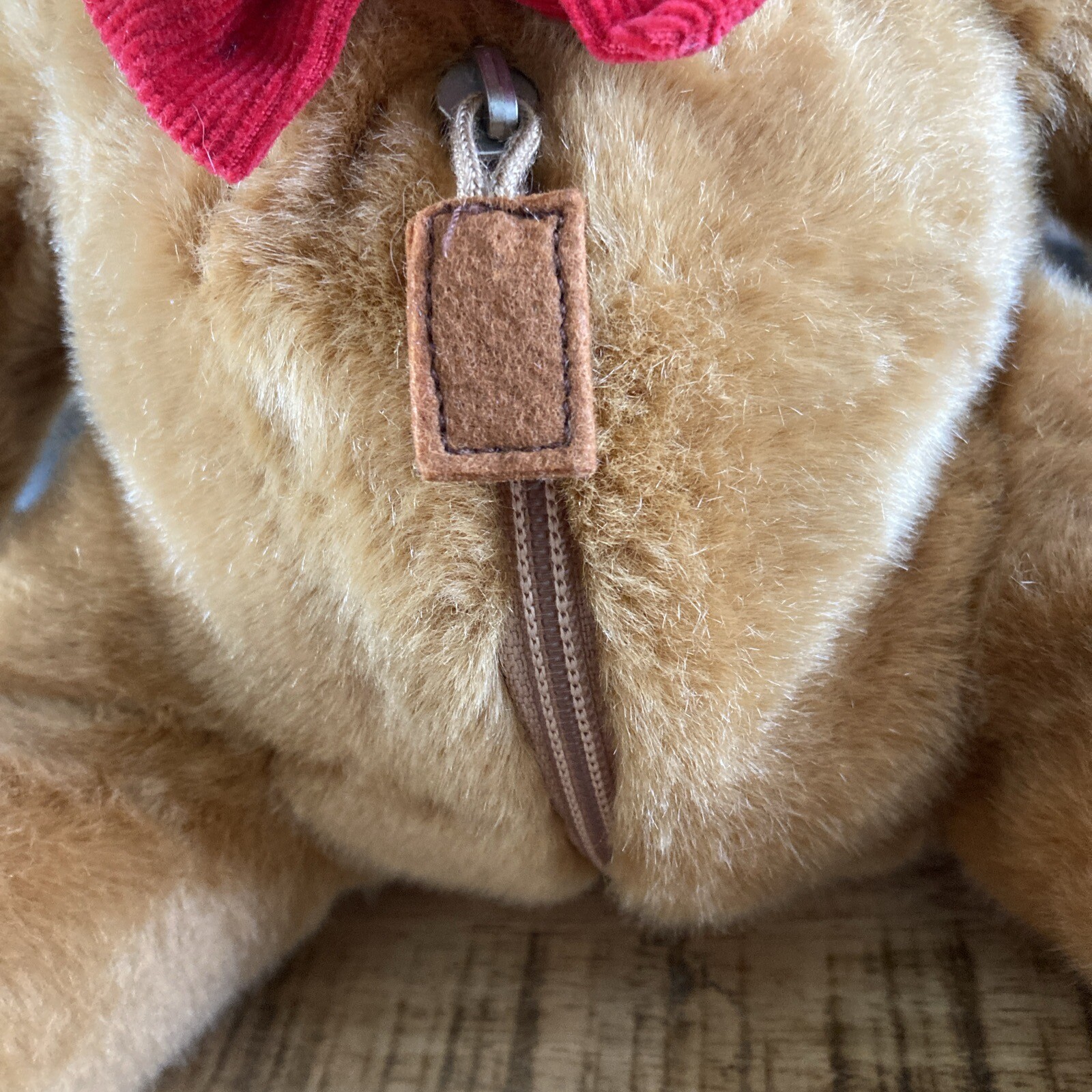 Vintage Russ Berrie 12" Zippered Brown Bear Red Bowtie Plush Stuffed Animal RARE