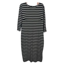 Ann Taylor Striped Midi Dress Large Black White 3/4 Sleeve Stretch Sheath