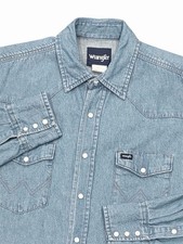Wrangler Denim Pearl Snap Shirt Mens Large Blue Cowboy Cut Western Work Pockets