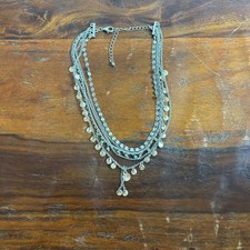 Womens Silver Tone Multi Strand Layered Necklace Coin Charms Stone Beads Boho