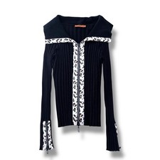 Vtg 00s Y2K Animal Print Black Cardigan Womens M Leopard Rhinestone Zip Sweater