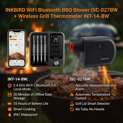 Inkbird WLAN Bluetooth BBQ Gebläse + Kabelloses Oven Fleischthermometer 4 Sonden