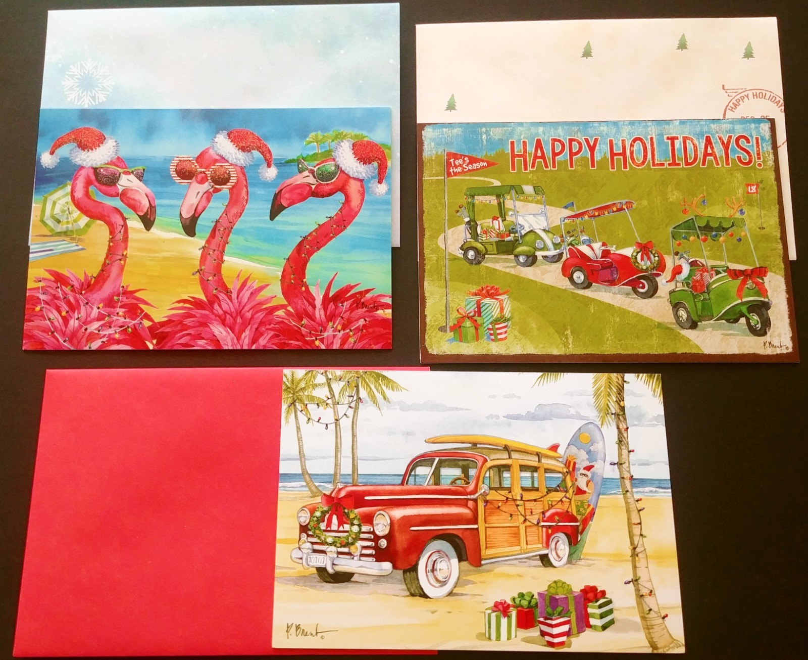 "Flamingo-Rolling", (3) Leanin Tree Christmas, New Yr Cards, New & (3) Envelopes