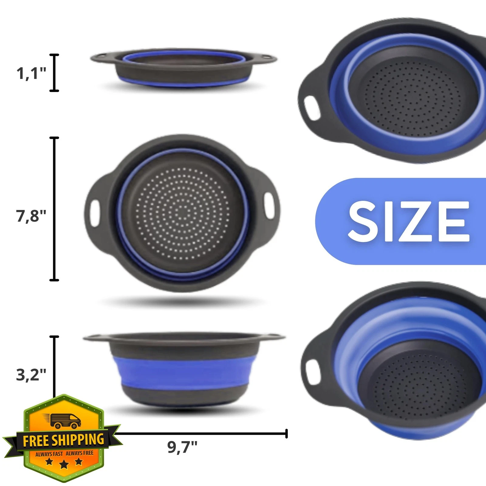 Blue Collapsible Silicone Colander Small Round Foldable Kitchen Strainer