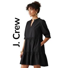 J.Crew Dress Women's Ruffle Neck Tiered Popover Black Cotton Side/Zip Lined Sz S