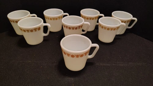 Set of 8 Vintage D-Handle PYREX Butterfly Gold Mugs Milk Glass