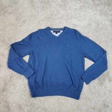 Tommy Hilfiger Sweater Mens Large V-Neck Blue Long Sleeve Pullover Soft L