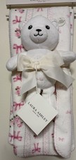 Laura Ashley Bows  Roses Blanket Set with Plush Bear, Reversible, 30x40 in New