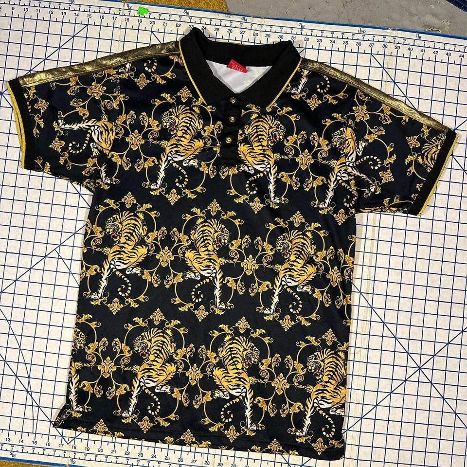 Gold Black Tiger Polo Shirt Flashy Funny Crazy Whacky Designer Dupe Size Large - Image 4 of 4