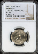 1967 South Africa 20 Cents NGC MS66 Afrikans DDO Error Quality