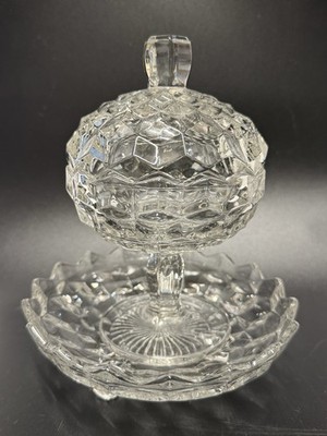 Fostoria Glass 7'' Pedestal Jam Jelly Compote with Lid + 6.5'' footed biscuit Bowl