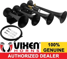 VIXEN HORNS TRAIN AIR HORN 4 TRUMPETS BLACK FOR TRUCK/CAR/SUV LOUD SOUND DB 12V