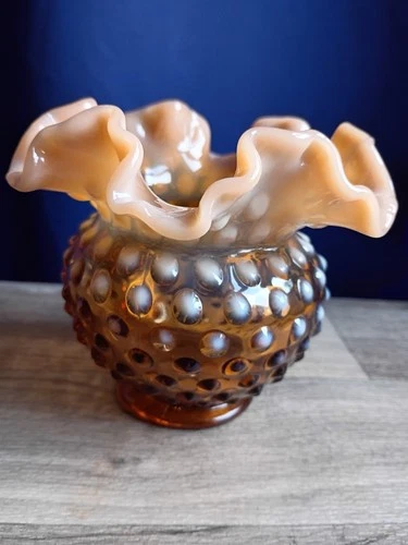 Fenton caramel opalescent ruffled hobnail glass vase Vintage