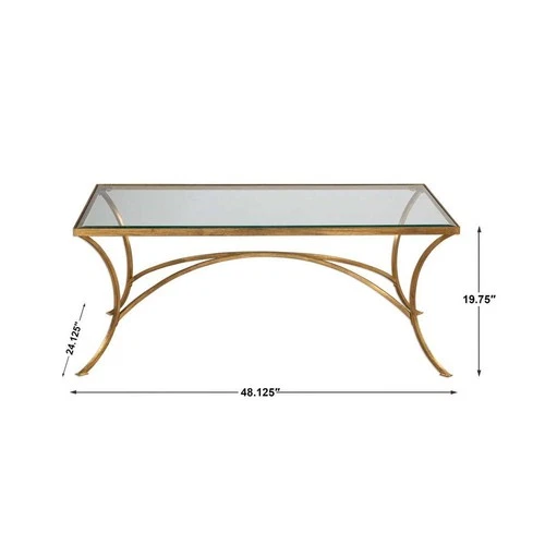 ALAYNA AGED GOLD LEAF METAL COFFEE COCKTAIL TABLE TEMPERED GLASS TOP 24639 - Picture 5 of 5