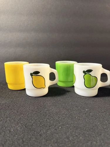 Fire King  VTG 4 D handle lemon pear solid green & yellow cups mugs new