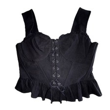 Unique Vintage Black Corset Bustier Lace Up Top Ruffle Zip Back Stretch Large