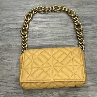 Zara Woven Gold Leather Purse Handbag Heavy Gold Chain Soft