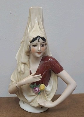 Antique Fasold & Stauch German Porcelain Half Doll Spanish Lady 6'' tall