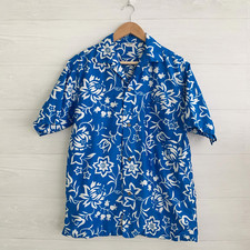 Vintage Made in Hawaii - Blue cotton tropical gold button down shirt SS sz L