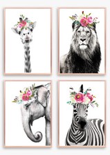 Set of 4 Animal Prints Pictures Poster Lion Giraffe Elephant Zebra UNFRAMED A4