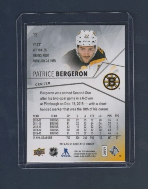 2015-16 Upper Deck SP Authentic Hockey # 12 Patrice Bergeron - Image 2 of 2