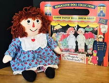 Raggedy Ann Andy Cloth Paper Doll Dress Shop Set & Raggedy Ann 12” Rag Doll Vtg