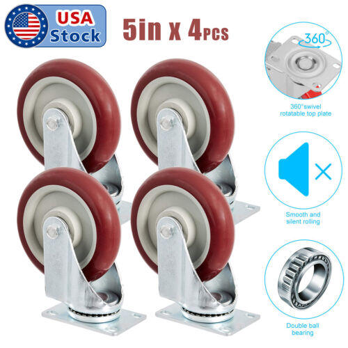 Heavy Duty 5inch Swivel Caster Wheels 360 Plate Polyurethane Wheels pack - Picture 1 of 6