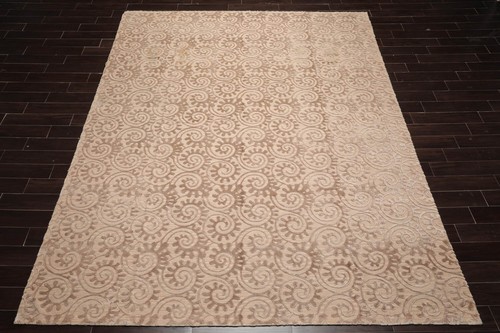 Hand Woven Wool & Silk Aubusson Savonnerie Floral Area Rug Tan 9'2'' x 11'10'' - Picture 3 of 10