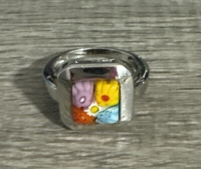 Vintage Alan K  Glass Murano Millefiori Flowers Sterling Silver Ring - Sz 8.5