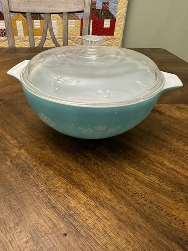 Vintage Pyrex Needlepoint 443 Cinderella Bowl Embroidery Turquoise 1958 Promo