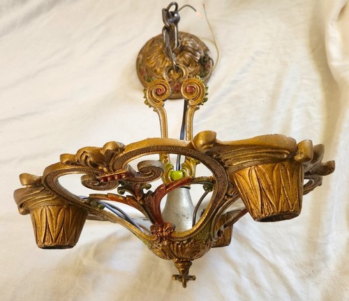 ANTIQUE ART NOUVEAU CAST METAL CEILING HANGING LIGHT CHANDELIER FIXTURE 1930 - Picture 2 of 9